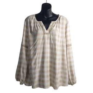 Denim & Co. Women's Blouse Crochet Trim Details V-Neck Tan/ White Size X-large